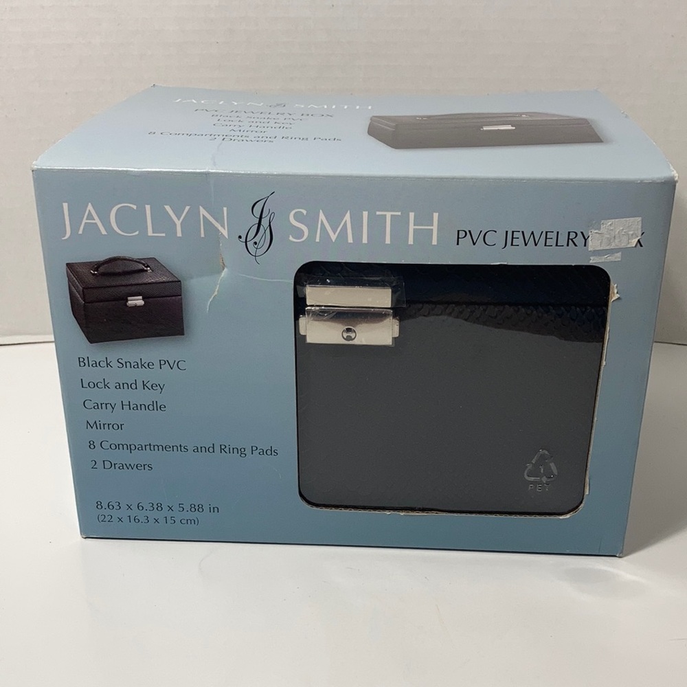 Jaclyn Smith Black Snake PVC Jewelry Box Lock & Key Carry Handle 8 Compartments